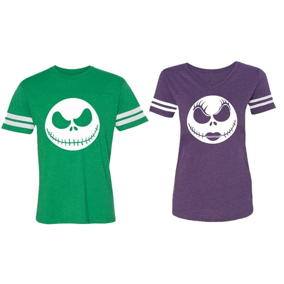 Jack Skull Matching Couple Cotton Jerseys (Men Green / Women Purple) (Men XXL / Women XXL)