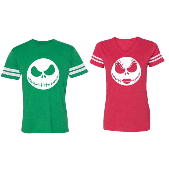 Jack Skull Matching Couple Cotton Jerseys (Men Green / Women Red) (Men L / Women M)