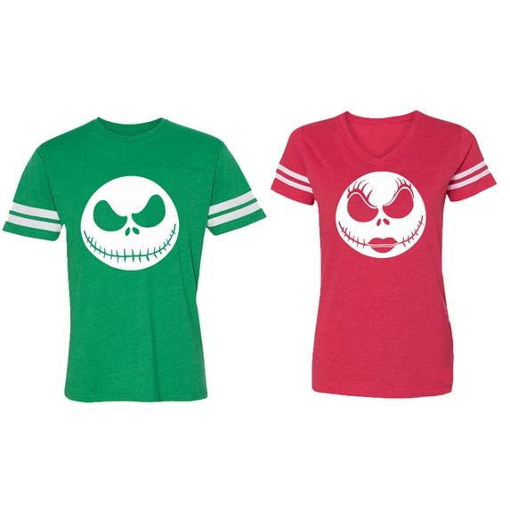 Jack Skull Matching Couple Cotton Jerseys (Men Green / Women Red) (Men XXL / Women XL)