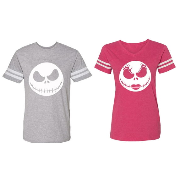Jack Skull Matching Couple Cotton Jerseys (Men Heather / Women Pink) (Men L / Women L)