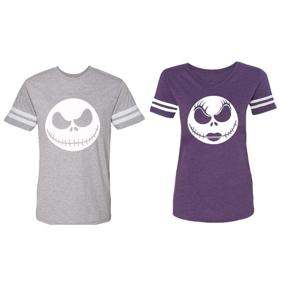 Jack Skull Matching Couple Cotton Jerseys (Men Heather / Women Purple) (Men L / Women XXL)