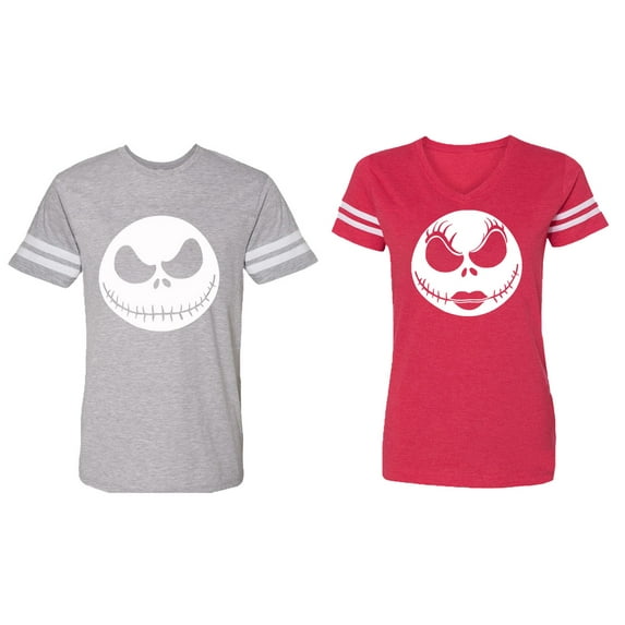 Jack Skull Matching Couple Cotton Jerseys (Men Heather / Women Red) (Men XXXL / Women XXL)