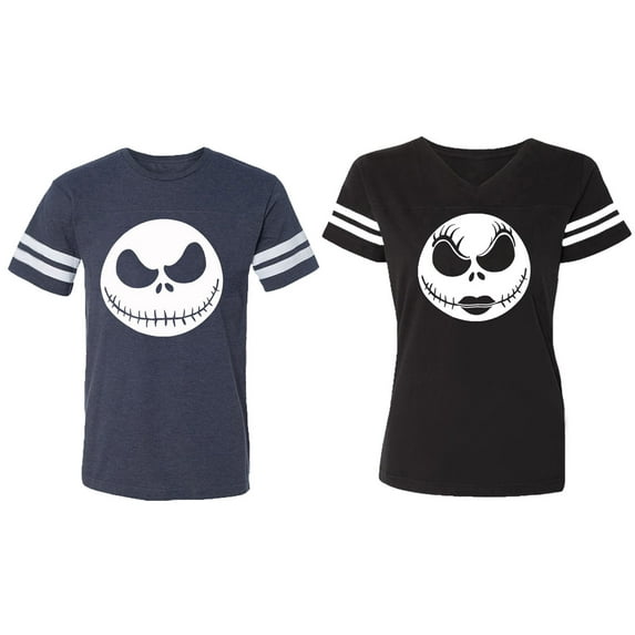 Jack Skull Matching Couple Cotton Jerseys (Men Navy / Women Black) (Men S / Women S)