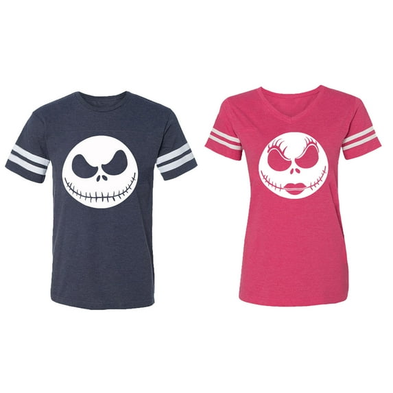 Jack Skull Matching Couple Cotton Jerseys (Men Navy / Women Pink) (Men M / Women L)
