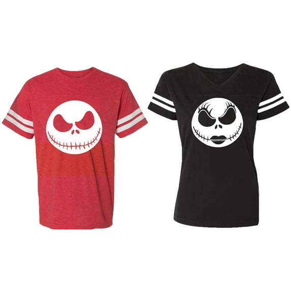 Jack Skull Matching Couple Cotton Jerseys (Men Red / Women Black) (Men S / Women S)