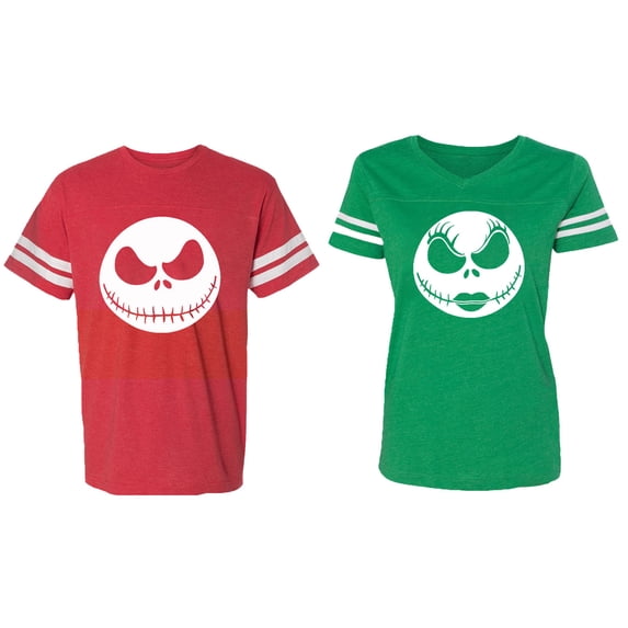 Jack Skull Matching Couple Cotton Jerseys (Men Red / Women Green) (Men S / Women S)