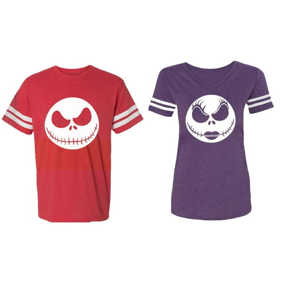 Jack Skull Matching Couple Cotton Jerseys (Men Red / Women Purple) (Men S / Women XL)