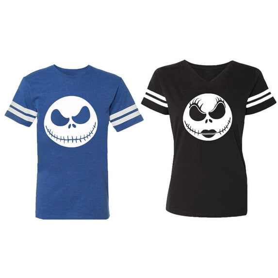 Jack Skull Matching Couple Cotton Jerseys (Men Royal / Women Black) (Men S / Women S)