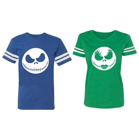 Jack Skull Matching Couple Cotton Jerseys (Men Royal / Women Green) (Men XXL / Women XL)