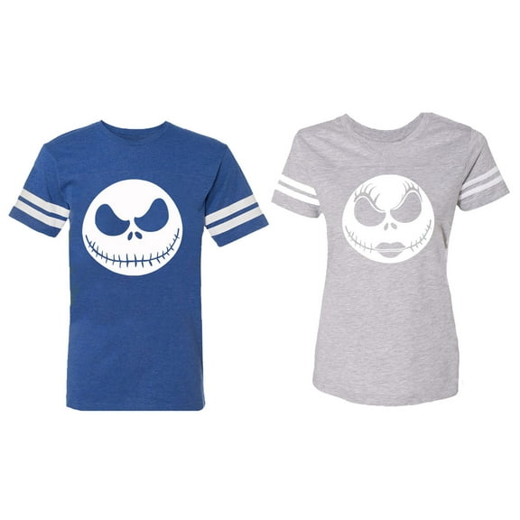 Jack Skull Matching Couple Cotton Jerseys (Men Royal / Women Heather) (Men M / Women XXL)