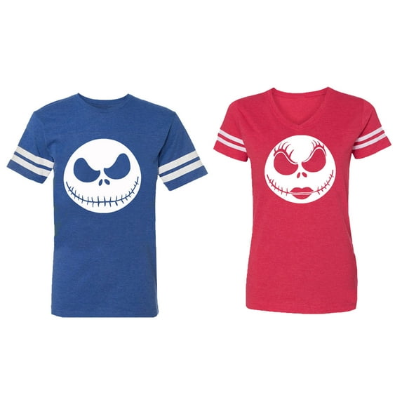 Jack Skull Matching Couple Cotton Jerseys (Men Royal / Women Red) (Men M / Women L)