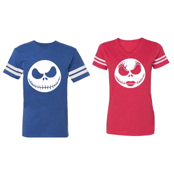 Jack Skull Matching Couple Cotton Jerseys (Men Royal / Women Red) (Men XXL / Women XL)