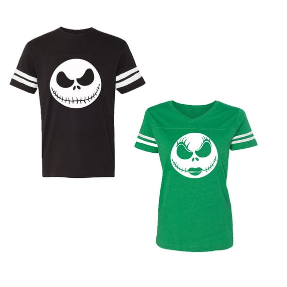 Jack SkullUnisex Couple Matching Cotton Jersey style T-Shirt Contrasting stripes on sleeves (Men Black / Women Green) (Men L / Women XL)