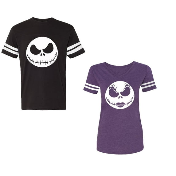 Jack SkullUnisex Couple Matching Cotton Jersey style T-Shirt Contrasting stripes on sleeves (Men Black / Women Purple) (Men S / Women XL)