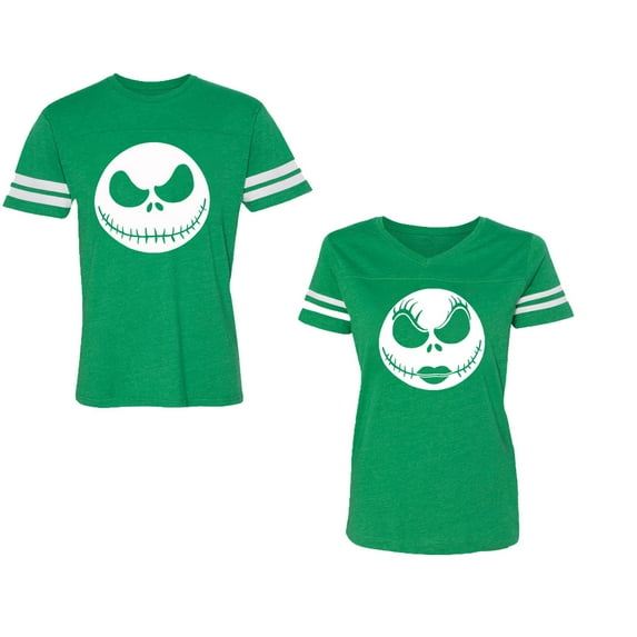 Jack SkullUnisex Couple Matching Cotton Jersey style T-Shirt Contrasting stripes on sleeves (Men Green / Women Green) (Men S / Women XXL)