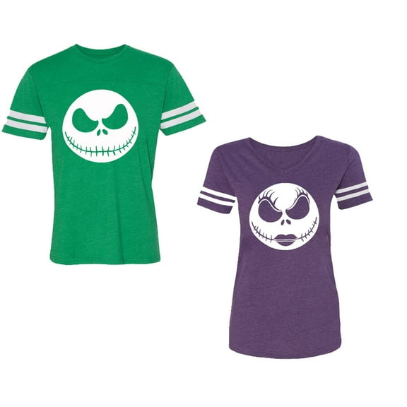 Jack SkullUnisex Couple Matching Cotton Jersey style T-Shirt Contrasting stripes on sleeves (Men Green / Women Purple) (Men L / Women XL)