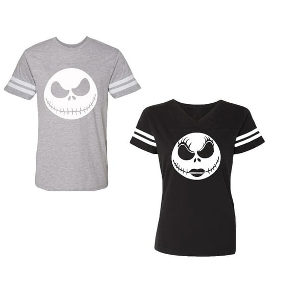 Jack SkullUnisex Couple Matching Cotton Jersey style T-Shirt Contrasting stripes on sleeves (Men Heather / Women Black) (Men S / Women XXL)