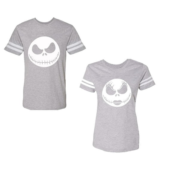 Jack SkullUnisex Couple Matching Cotton Jersey style T-Shirt Contrasting stripes on sleeves (Men Heather / Women Heather) (Men M / Women XXL)
