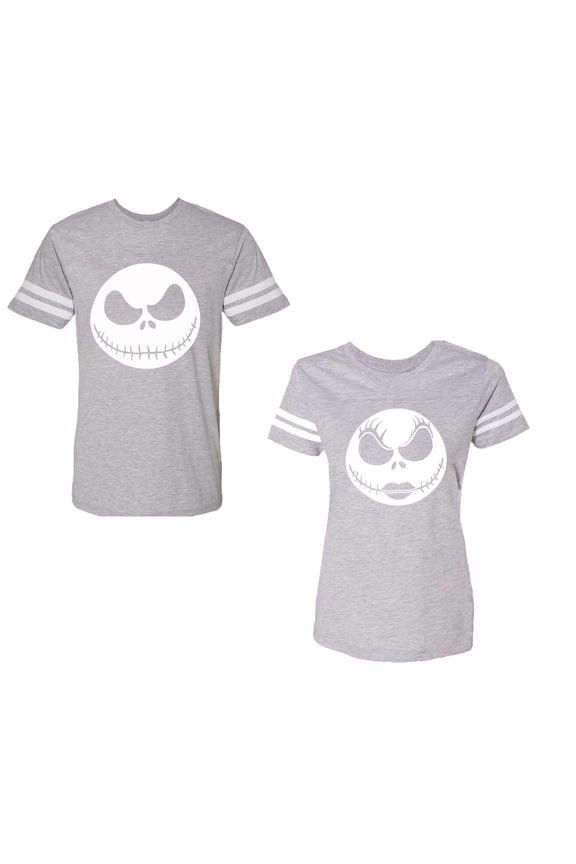 Jack SkullUnisex Couple Matching Cotton Jersey style T-Shirt Contrasting stripes on sleeves (Men Heather / Women Heather) (Men XXL / Women XXL)