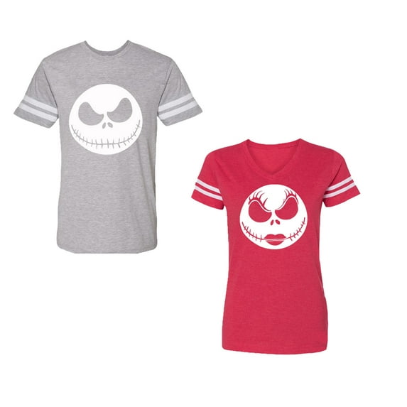 Jack SkullUnisex Couple Matching Cotton Jersey style T-Shirt Contrasting stripes on sleeves (Men Heather / Women Red) (Men XXL / Women XXL)