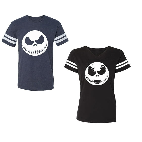 Jack SkullUnisex Couple Matching Cotton Jersey style T-Shirt Contrasting stripes on sleeves (Men Navy / Women Black) (Men S / Women S)