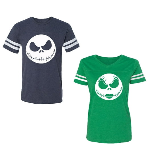 Jack SkullUnisex Couple Matching Cotton Jersey style T-Shirt Contrasting stripes on sleeves (Men Navy / Women Green) (Men L / Women XL)