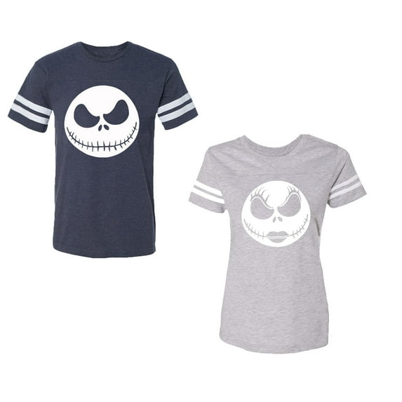 Jack SkullUnisex Couple Matching Cotton Jersey style T-Shirt Contrasting stripes on sleeves (Men Navy / Women Heather) (Men XXXL / Women XXL)