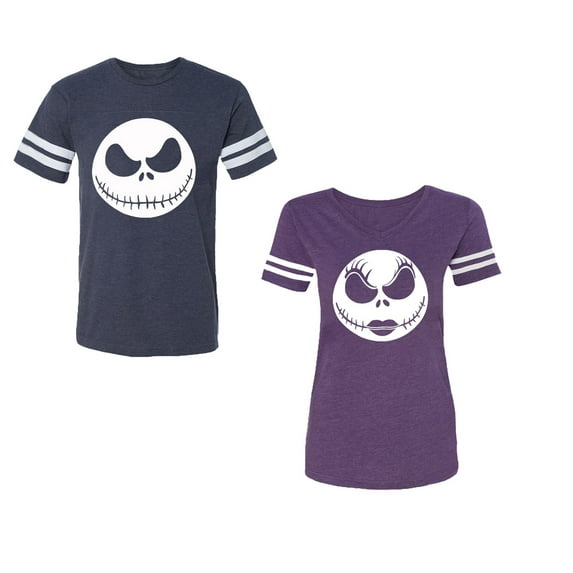 Jack SkullUnisex Couple Matching Cotton Jersey style T-Shirt Contrasting stripes on sleeves (Men Navy / Women Purple) (Men L / Women XXL)