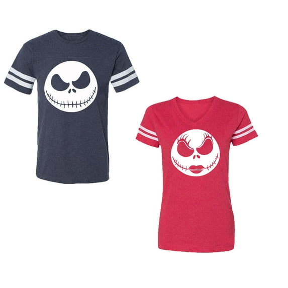 Jack SkullUnisex Couple Matching Cotton Jersey style T-Shirt Contrasting stripes on sleeves (Men Navy / Women Red) (Men XL / Women M)