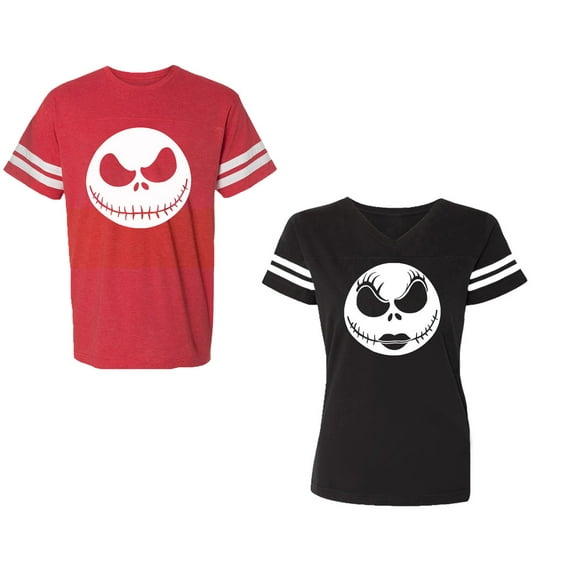 Jack SkullUnisex Couple Matching Cotton Jersey style T-Shirt Contrasting stripes on sleeves (Men Red / Women Black) (Men S / Women S)