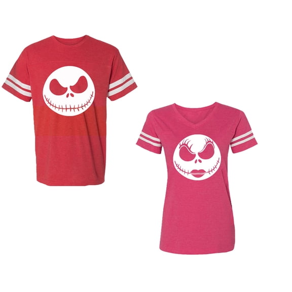 Jack SkullUnisex Couple Matching Cotton Jersey style T-Shirt Contrasting stripes on sleeves (Men Red / Women Pink) (Men XXXL / Women XXL)