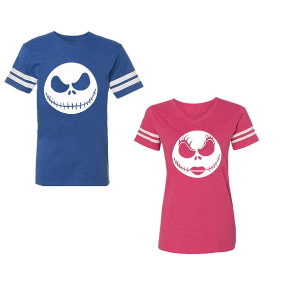 Jack SkullUnisex Couple Matching Cotton Jersey style T-Shirt Contrasting stripes on sleeves (Men Royal / Women Pink) (Men M / Women XL)