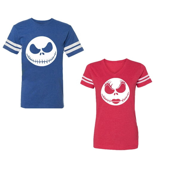 Jack SkullUnisex Couple Matching Cotton Jersey style T-Shirt Contrasting stripes on sleeves (Men Royal / Women Red) (Men M / Women XXL)