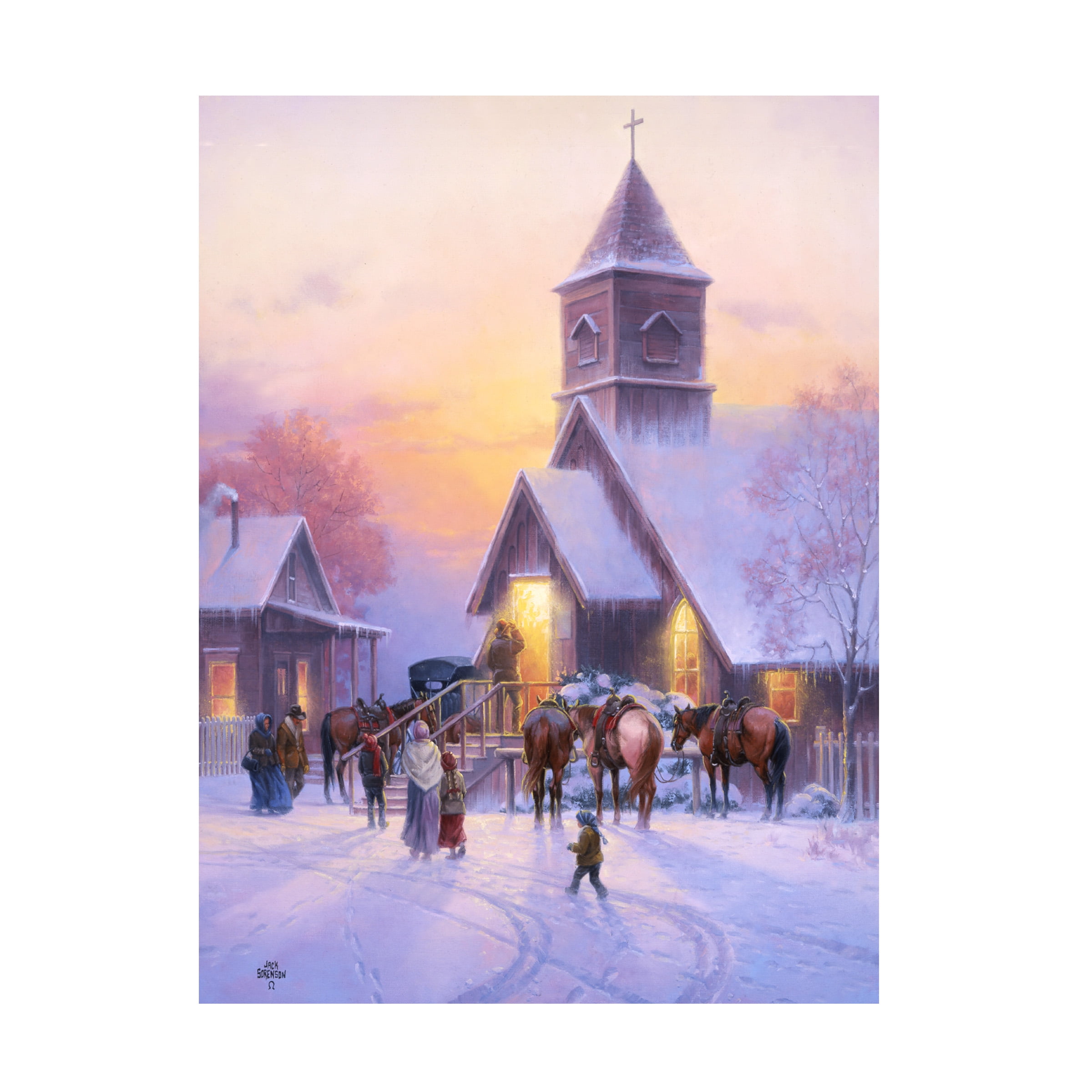 Large Winter Scene Canvas Art with Carolers in Village Square
