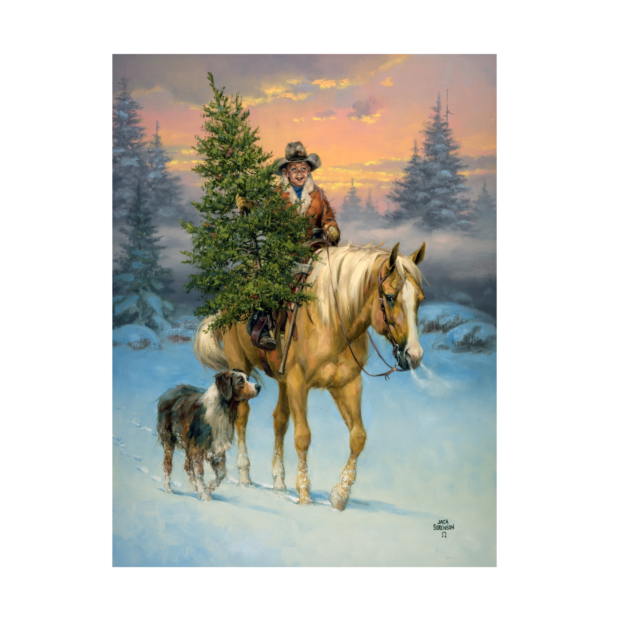 Rustic Winter Scene Canvas Art with Horse and Dog