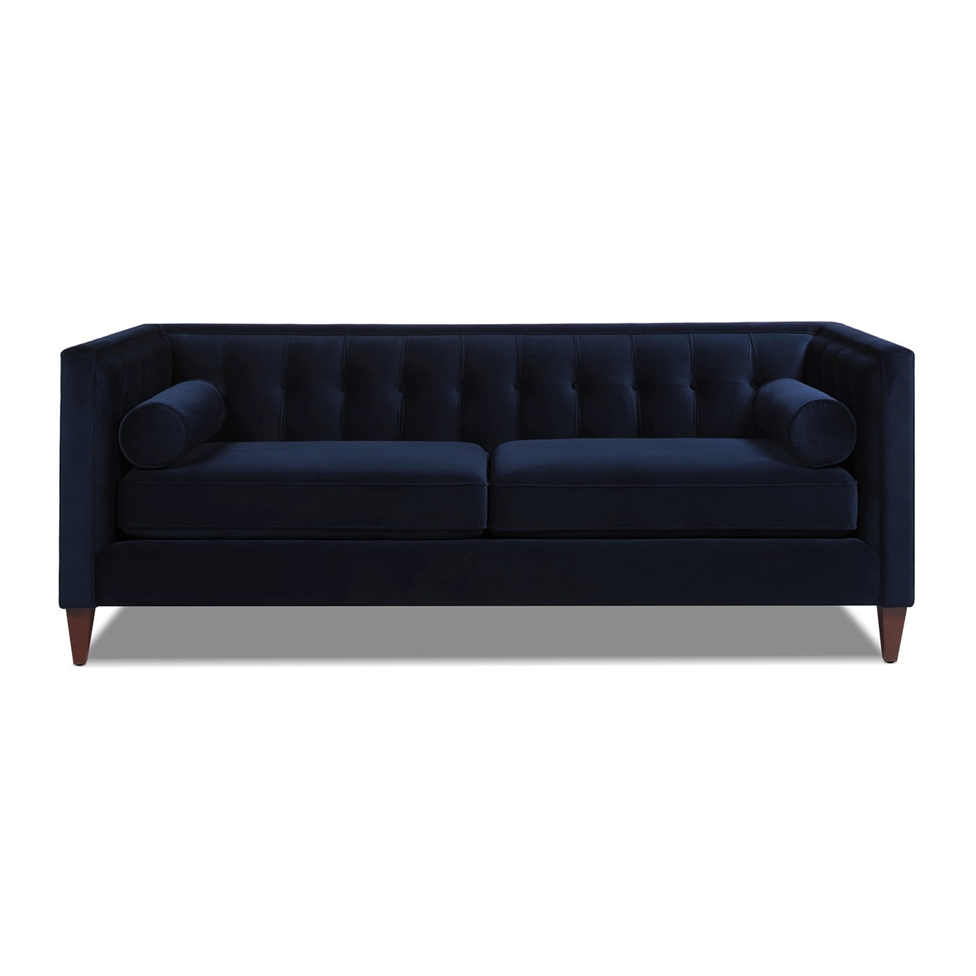 Dark Navy Blue Velvet Tufted Tuxedo Settee with Wood Legs