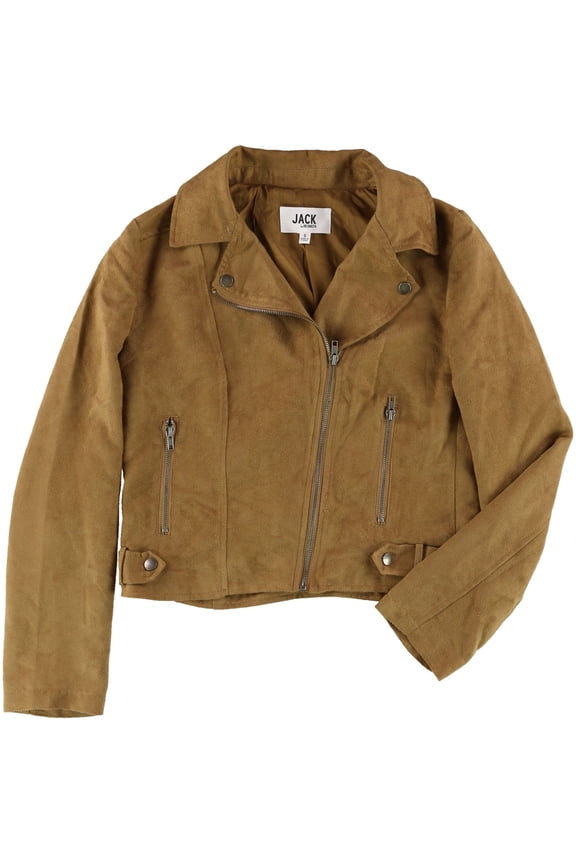 Womens Faux-Suede Moto Motorcycle Jacket, Brown, Small