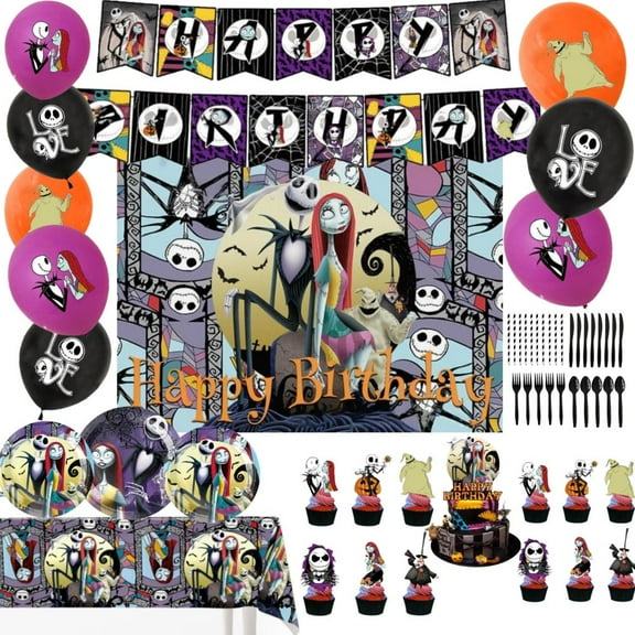 Jack and Sally Birthday Decorations Kit, Halloween Happy Birthday Party Banner, Backdrop Cloth, balloon, Knife, fork and spoon, cake hat