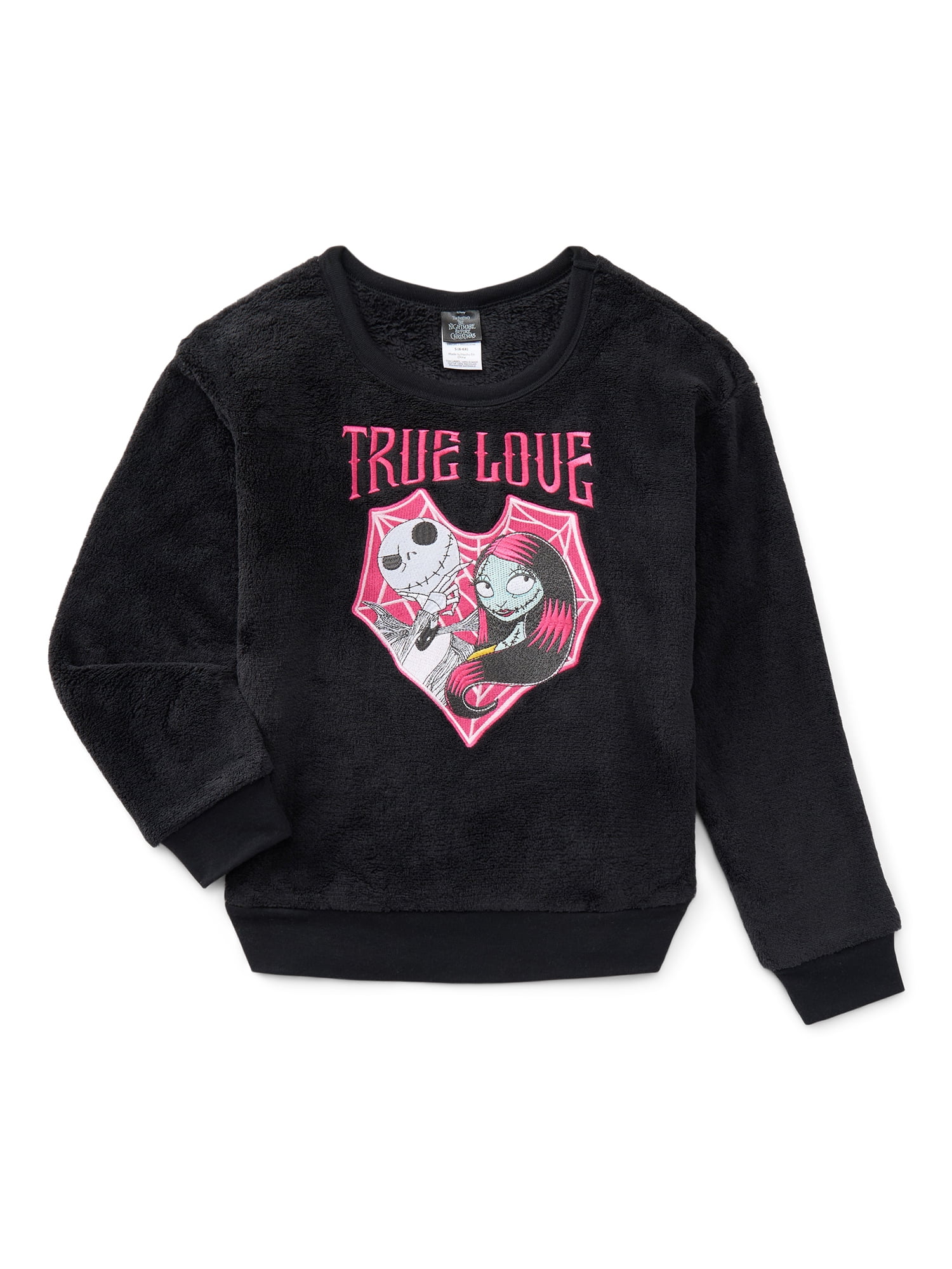 Nightmare Before Christmas Girls Jack and Sally Graphic Plush Sweatshirt with Embroidery, Sizes 4-16