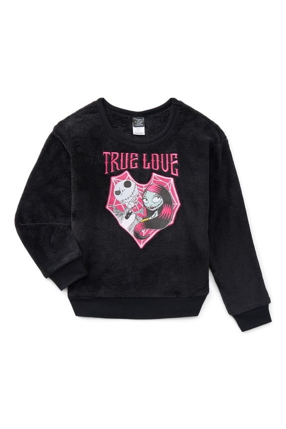 Nightmare Before Christmas Girls Jack and Sally Graphic Plush Sweatshirt with Embroidery, Sizes 4-16