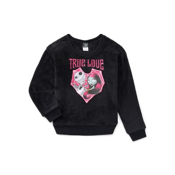 Nightmare Before Christmas Girls Jack and Sally Graphic Plush Sweatshirt with Embroidery, Sizes 4-16