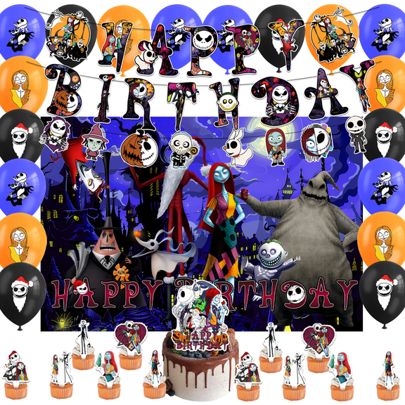 Jack and Sally Party Supplies Jack Party Decorations, Balloons, Happy Birthday Banner, Cake and Cupcake Toppers for Kids Birthday Party