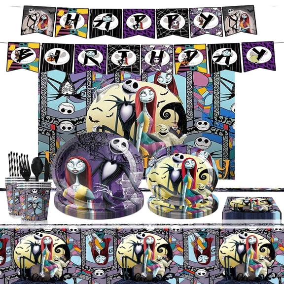 Jack and Sally birthday party supplies and decorations, Jack and Sally themed party favors include banners, tableware, tablecloths, and backdrops.