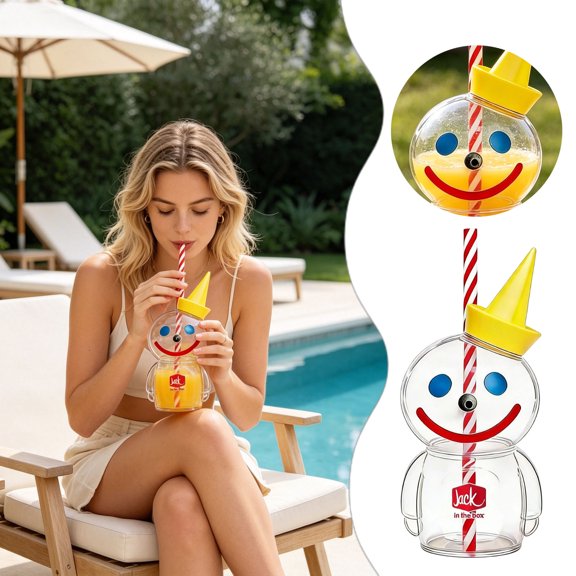 Jack in the Box 2026 Limited Edition Jack Mascot Glass Tumbler with Straw, Novelty Collectible Drink Cup for Home Party Daily Beverage Use