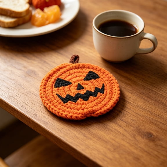 Jack-o-Lantern Face Macrame Cotton Coaster, Halloween Pumpkin Heat Resistant Trivet Absorbent Non-Slip Table Mat for Coffee Table Decor