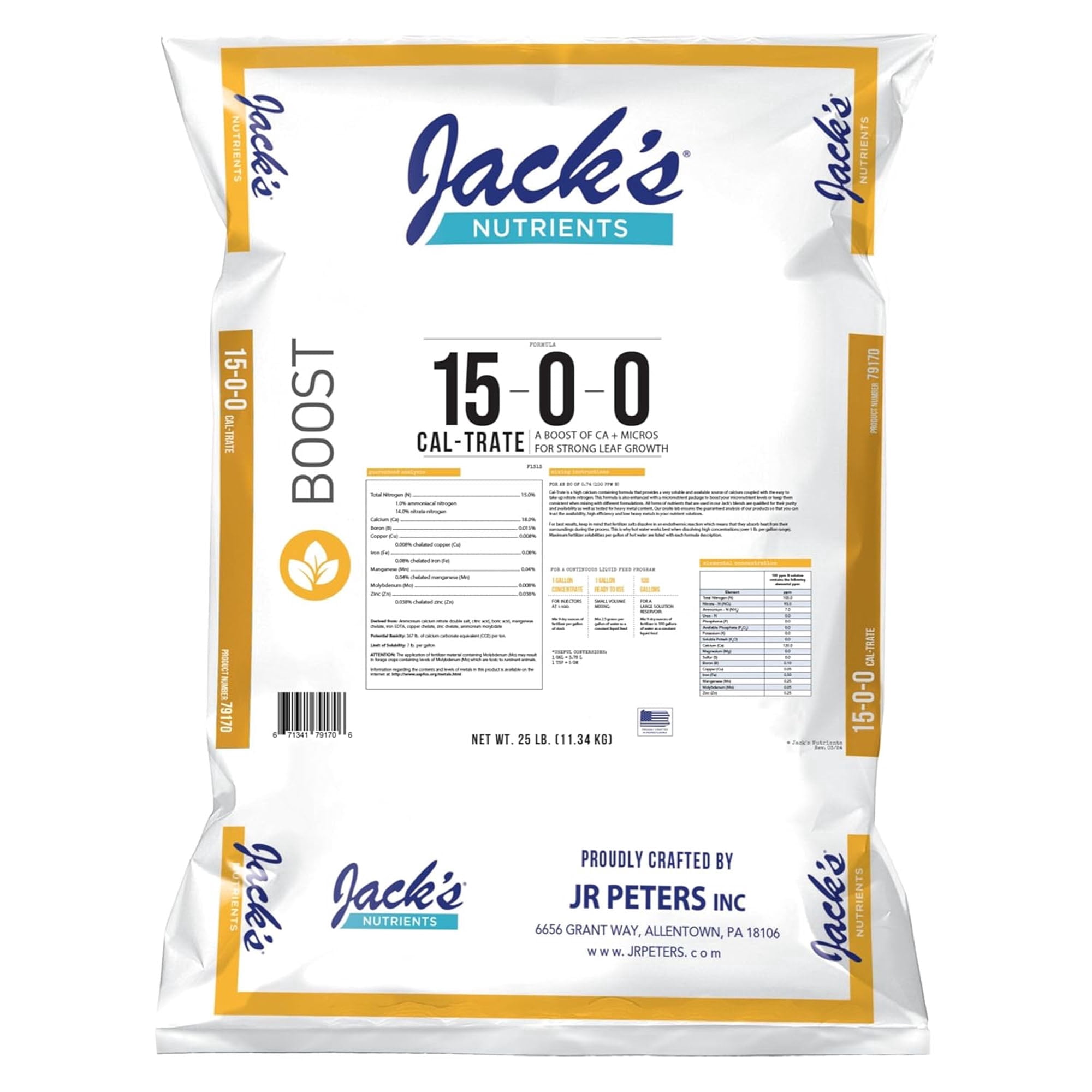 Jack’s Nutrients 15-0-0 Cal-Trate Water-Soluble Fertilizer, 25lbs - A Boost of Calcium and Micronutrients for Strong Leaf Growth