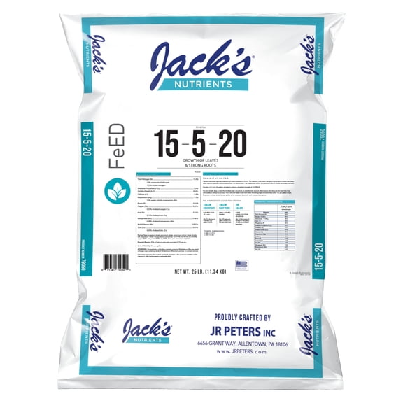 Jack''s Nutrients 15-5-20 Tap Water-Soluble Fertilizer, 25lbs - Lowers Water pH
