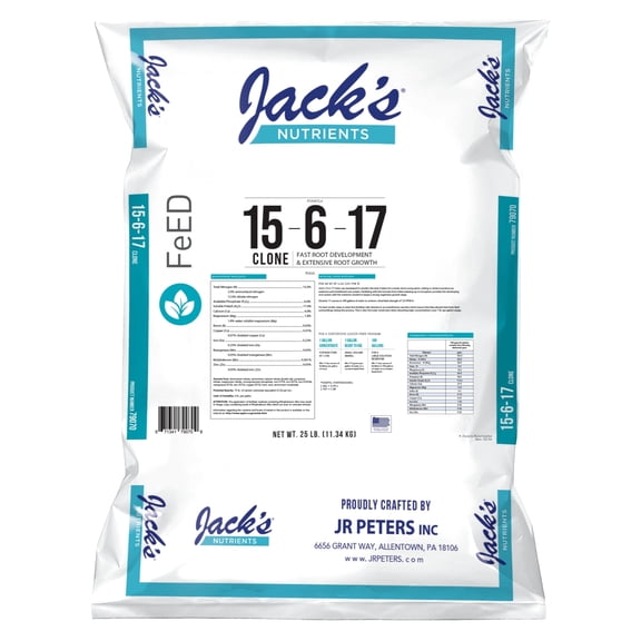 Jack's Nutrients 15-6-17 Clone Water-Soluble Fertilizer, 25lbs - Fast Root Development and Extensive Root System Growth in Continuous Liquid Feed Programs