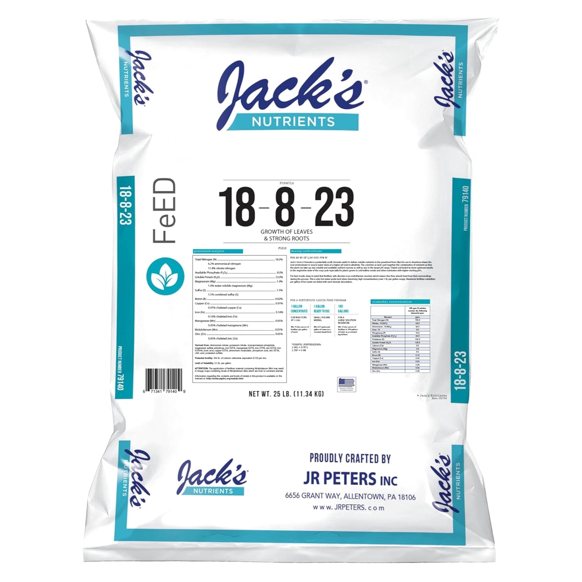 Jack's Nutrients 18-8-23 Outdoor Water-Soluble Fertilizer, 25lbs – Promotes Leaf Growth and Strong Roots