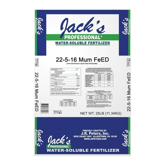 Jack's Professional 22-5-16 Mum FeED Water-Soluble Fertilizer with Micronutrients for Compact Mum Growth in Continuous Liquid Feed Programs, 25lbs